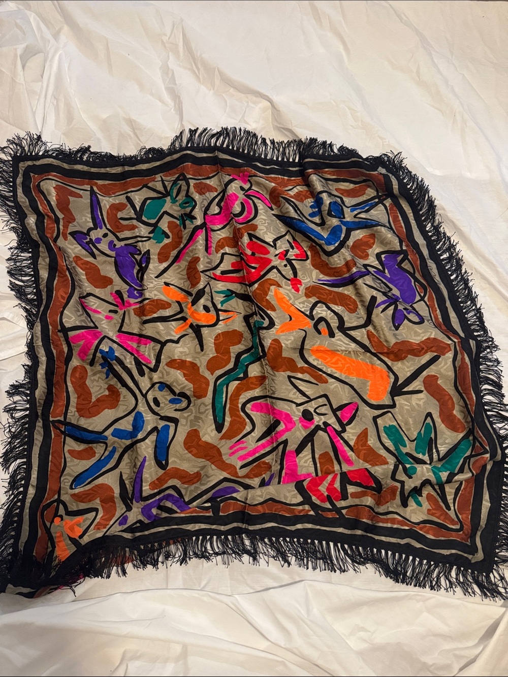 Flora Kung 100% silk Fringed Multicolor Abstract Scarf - new with tags (vintage)